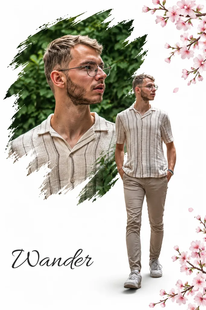 撕边双像海报示例 1:生成效果(绿植 · 樱花 · Wander)