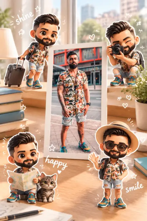 Me and my chibis example 3: the result (Desk · Travel · English · with my pet)