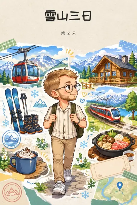 Chibi travel journal example 3: the result (Spring and summer · Snowy mountains · 雪山三日 / 第 2 天)