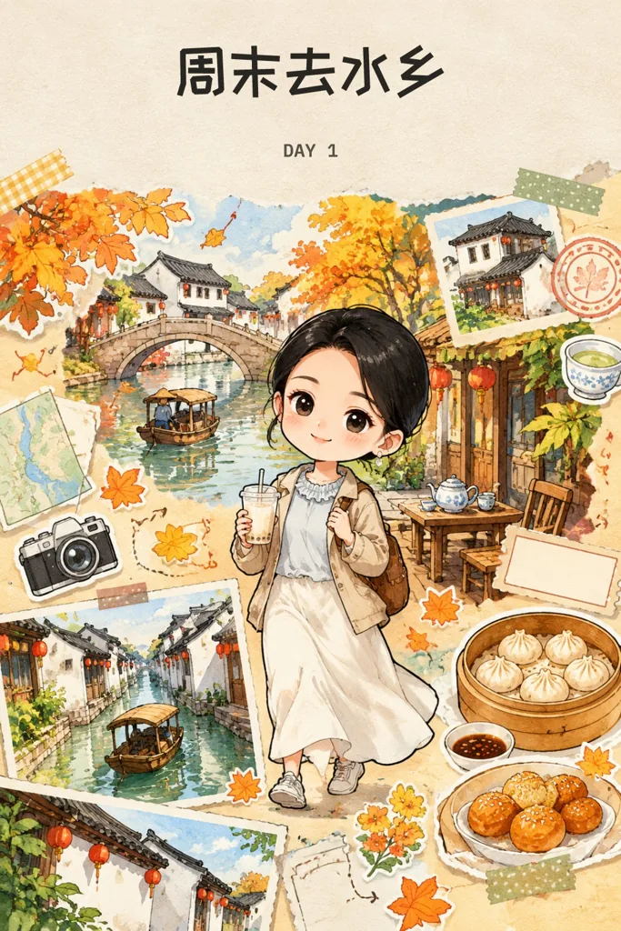 Chibi travel journal example 1: the result (Autumn · Water town · 周末去水乡 / DAY 1)