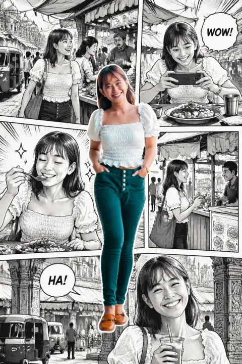 My comic day example 2: the result (South Asian market · Black-and-white manga · Food trip)