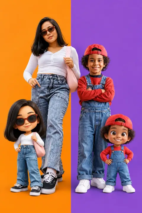 Color-split duo poster example 2: the result (3D animation · Hands on hips · Matching casual · Orange / purple)