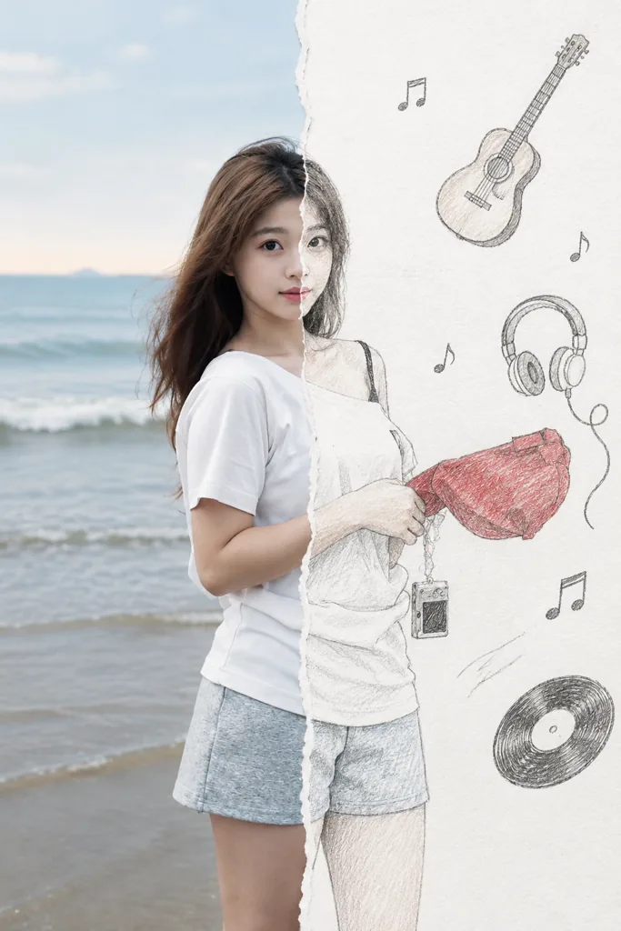 Half sketch example 1: the result (Music · Colored pencil · Beach · Torn paper)