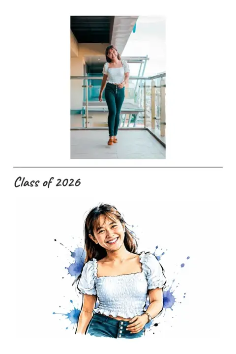 Ink caricature example 3: the result (Light · A little · Indigo · Class of 2026)