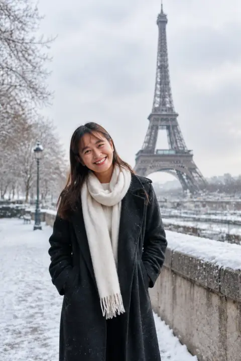 Landmark travel portrait example 3: the result (the Eiffel Tower · Long coat and scarf · Winter snow)