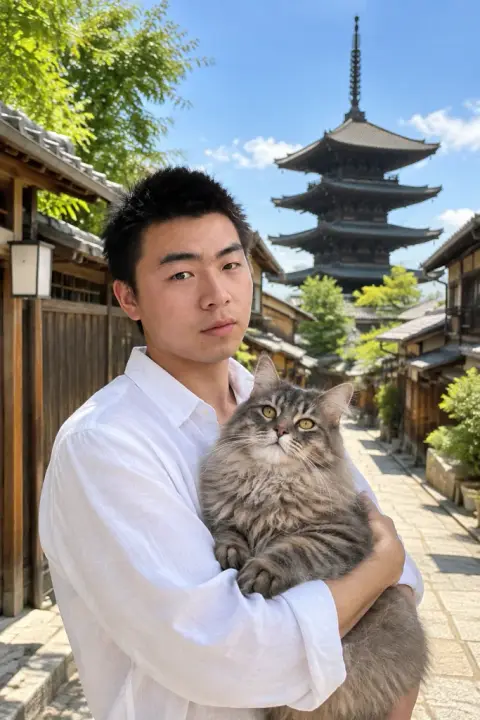 Landmark travel portrait example 2: the result (a Kyoto lane · Resort white · Summer · with my pet)