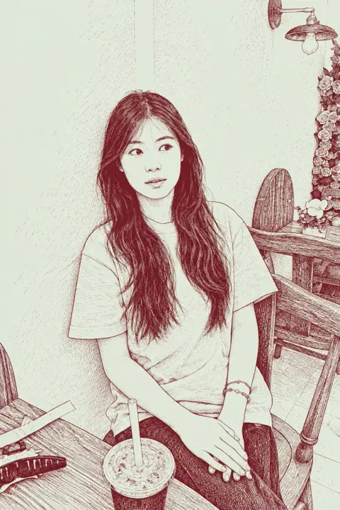Lavender line sketch example 3: the result (Fine pen · Mint / burgundy)