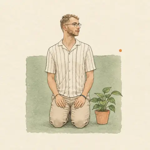 墨线色块插画示例 3:生成效果(跪坐 · 鼠尾草绿 · 绿植)