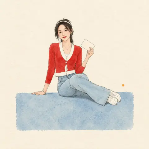 墨线色块插画示例 2:生成效果(坐在色块上 · 雾蓝 · 信封)