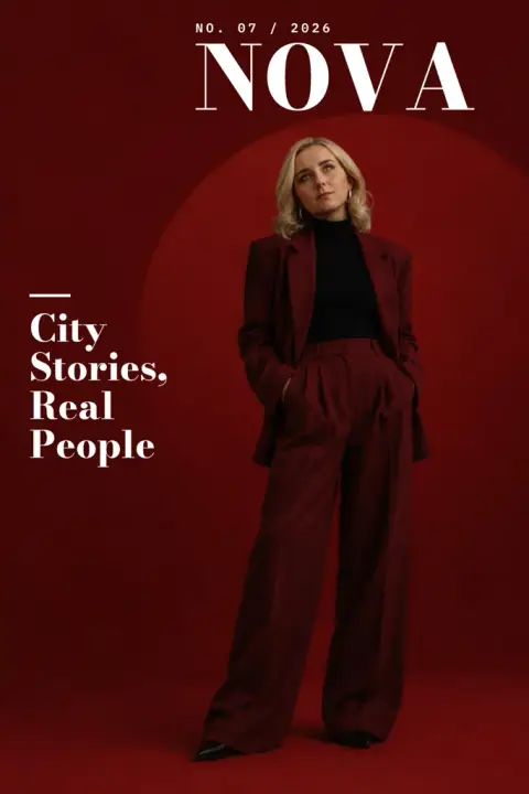 My magazine cover example 3: the result (Red · Elegant · NOVA / City Stories, Real People / NO. 07 / 2026)