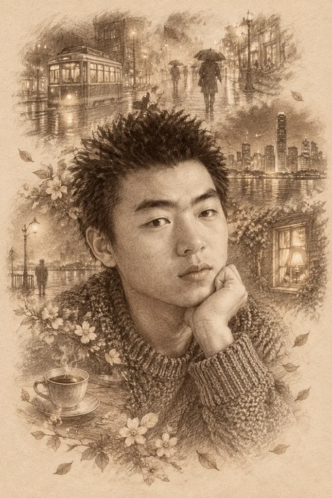 Memory pencil portrait example 1: the result (City nights · Chin in hand · Sepia)