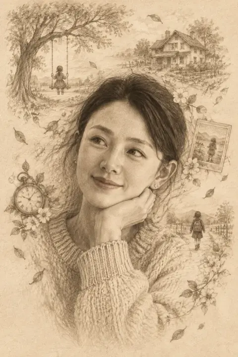 Memory pencil portrait example 3: the result (Countryside childhood · Chin in hand · Sepia)