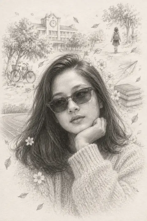Memory pencil portrait example 2: the result (School days · Chin in hand · Graphite grey)