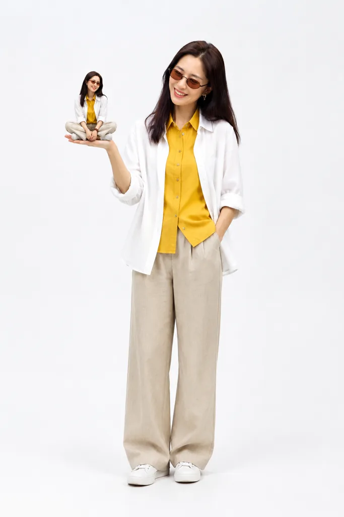Big me, mini me example 1: the result (White studio · Mustard and white · In your palm)