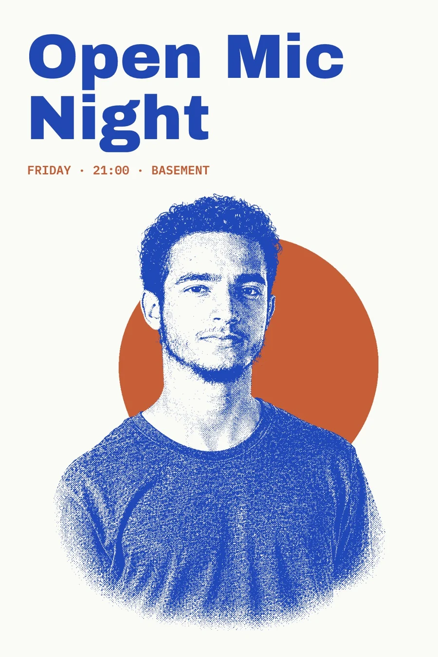 Open mic night, cobalt and terracotta