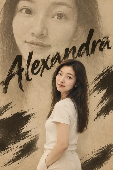 Name collage example 3: the result (Brush only · English · Alexandra · Looking back · Vintage brown)