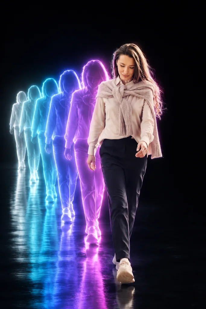 Neon after-images example 1: the result (White to pink · Glossy black floor · Walking toward you)