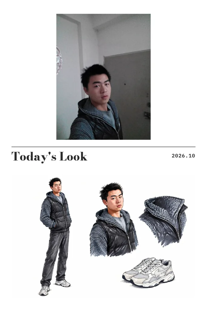Outfit sketch example 1: the result (White · Marker sketch · Today's Look / 2026.10)
