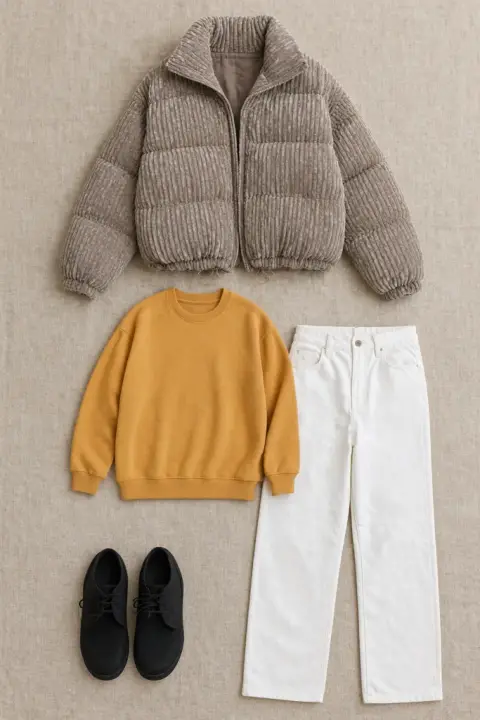 Outfit flat-lay example 3: the result (Beige linen · Neat grid · Clothes and shoes)