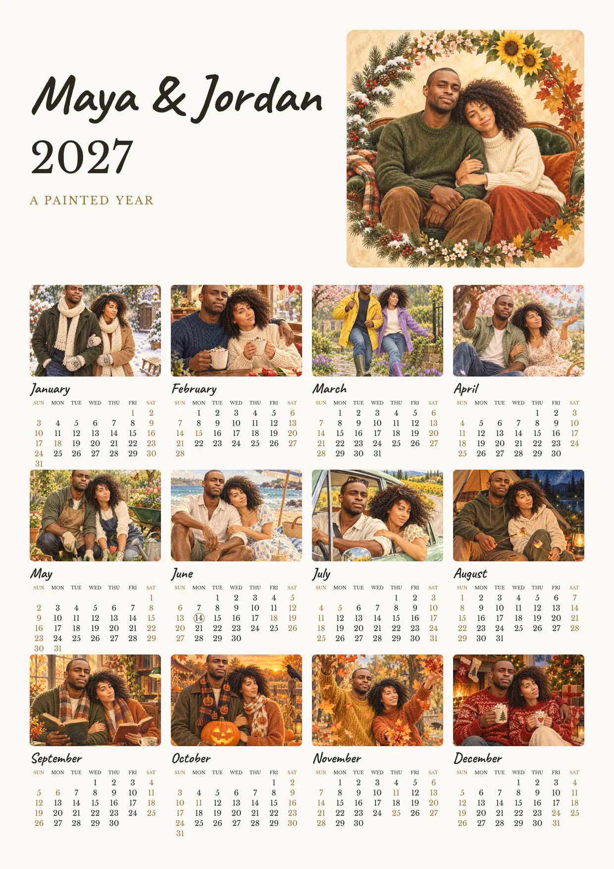 Maya & Jordan's 2027 year at a glance: the cover and all twelve months