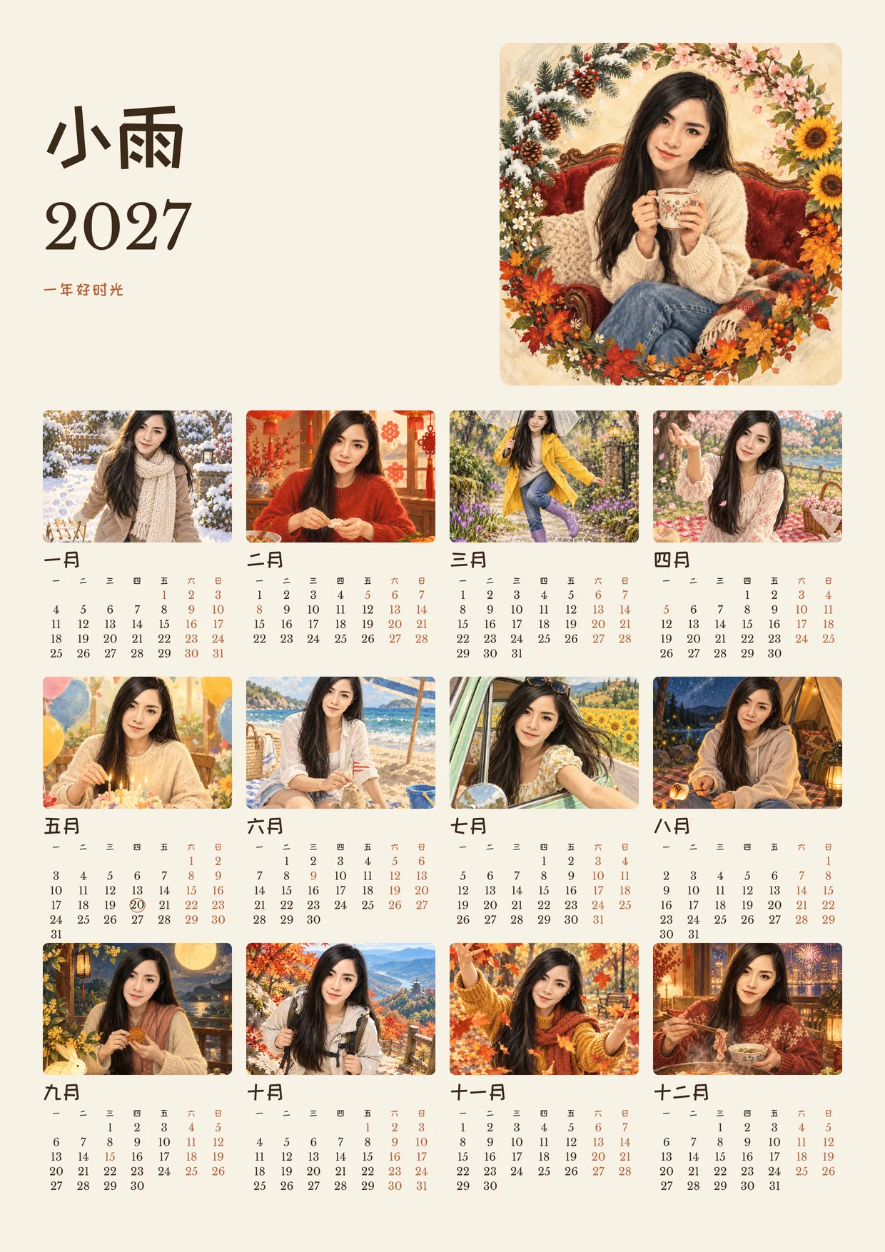 小雨的 2027 全年總覽:封面畫和 12 個月的小圖與月曆