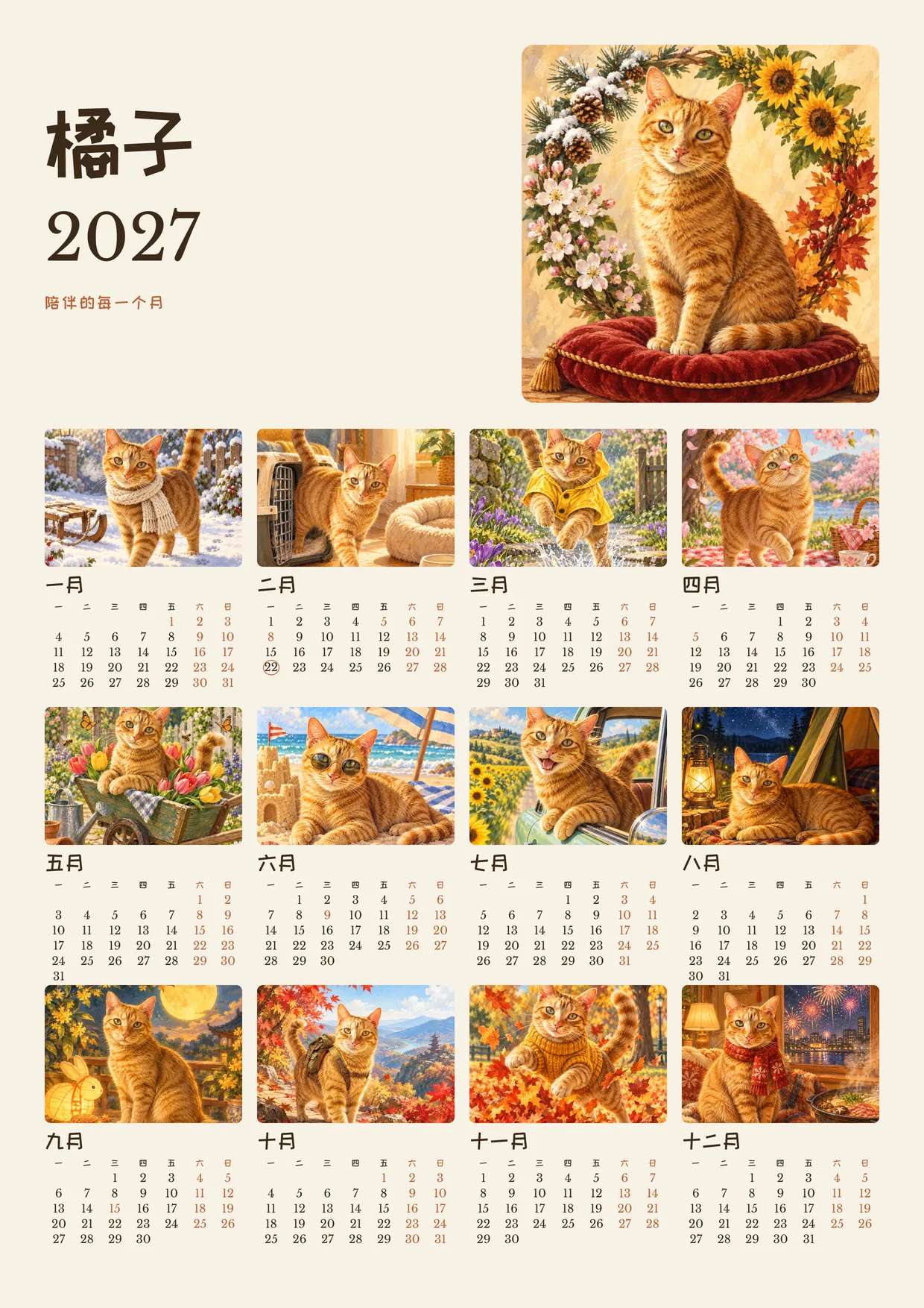 橘子的 2027 全年總覽:封面畫和 12 個月的小圖與月曆