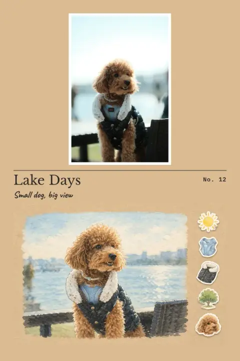 照片手帳頁示例 2:生成效果(水彩貼紙 · 牛皮紙 · Lake Days / Small dog, big view / No. 12)
