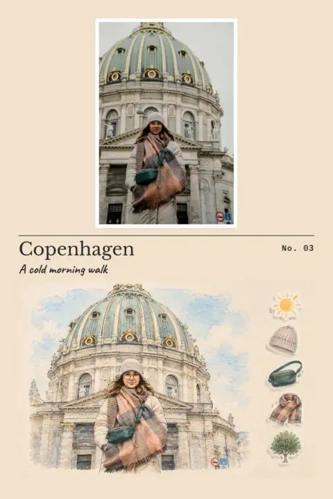 照片手帳頁示例 3:生成效果(水彩貼紙 · 米白 · Copenhagen / A cold morning walk / No. 03)