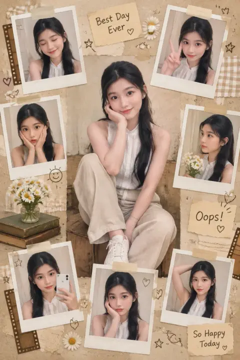 Polaroid memory board example 3: the result (Vintage beige · White shirt · Flowers · English)