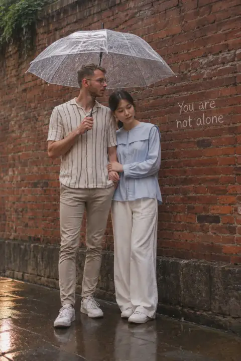 Under one umbrella example 2: the result (You are not alone · Clear · Old brick · Light rain)