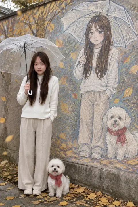 Me, my pet and the wall example 3: the result (Red scarf · Color chalk · Clear umbrella · Autumn leaves)