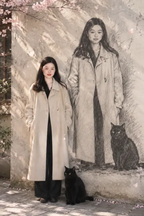 Me, my pet and the wall example 2: the result (None · Anime charcoal · No umbrella · Cherry blossoms)