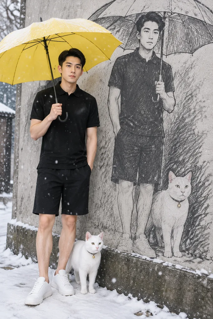 Me, my pet and the wall example 1: the result (Bell collar · Anime charcoal · Yellow umbrella · Snow)