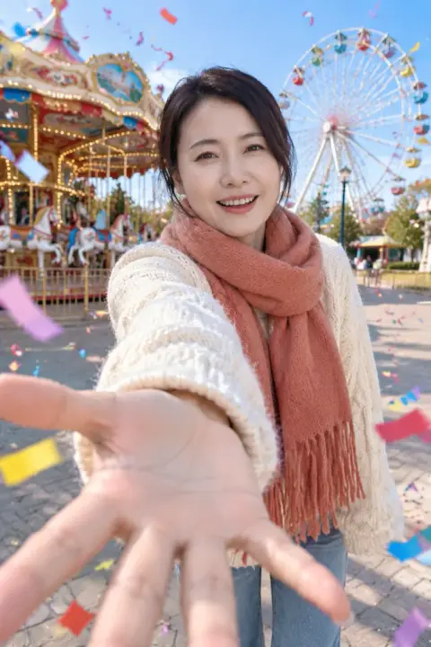Reach-out selfie example 3: the result (Sweater and scarf · Amusement park)