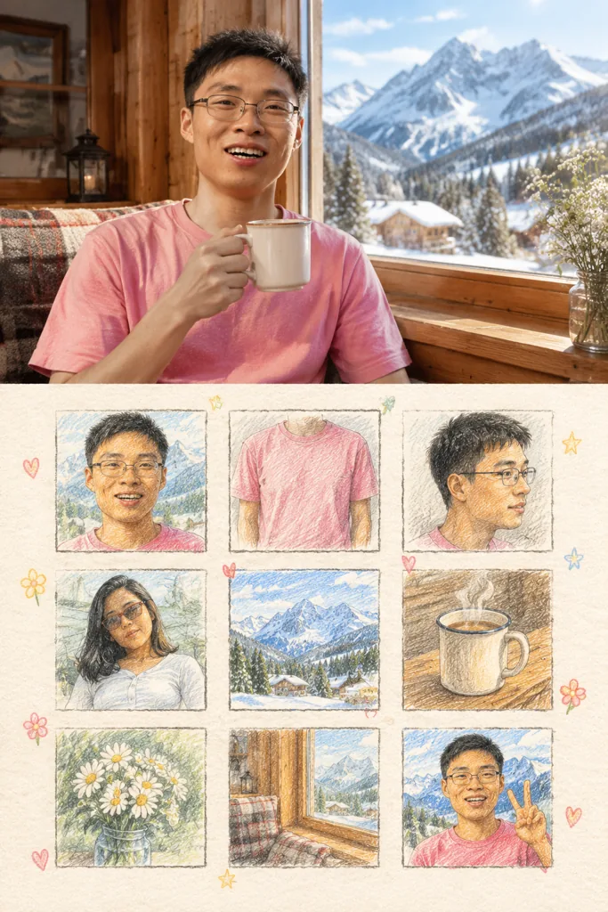 Photo and sketch grid example 1: the result (Colored pencil · Snowy cabin · with a friend)
