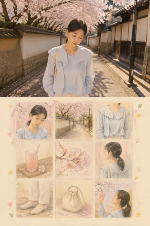 Photo and sketch grid example 3: the result (Colored pencil · Cherry blossom street)