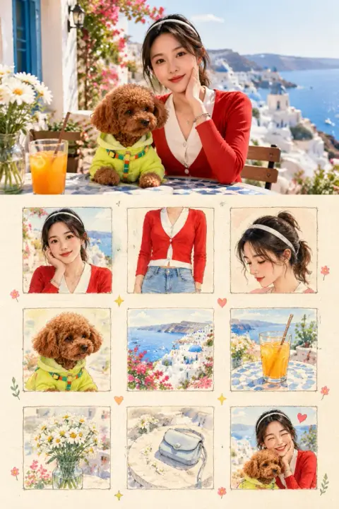 Photo and sketch grid example 2: the result (Watercolor · Seaside town · with my pet)