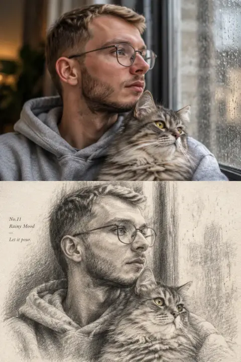 Snap and sketch example 2: the result (Charcoal · Rainy mood · Hoodie · with my pet)