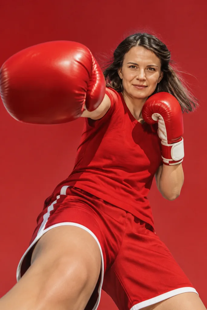 Sport freeze poster example 1: the result (Red · Boxing punch · Low angle)