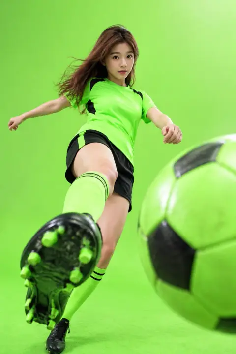 Sport freeze poster example 2: the result (Neon green · Soccer kick · Foreground perspective)