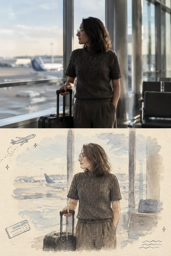 旅途速写手账示例 1:生成效果(登机箱 · 水彩 · 机场候机)
