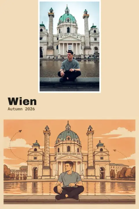 Travel photo poster example 3: the result (Warm sunset · Map-like diagram · Wien / Autumn 2026)