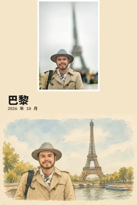 Travel photo poster example 2: the result (From the photo · Watercolor card · 巴黎 / 2026 年 10 月)