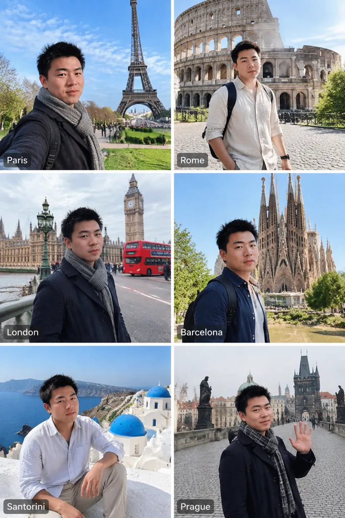 Six-city travel collage example 1: the result (English · Local touch · Europe)