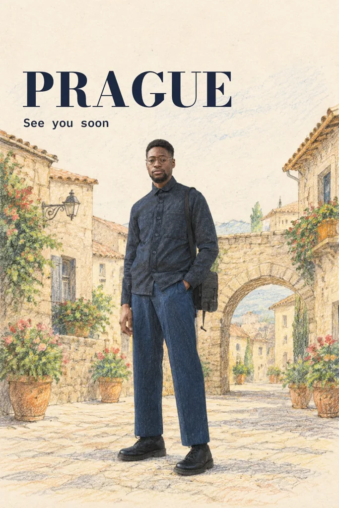 Watercolor city poster example 1: the result (Colored pencil · Old town · PRAGUE / See you soon)