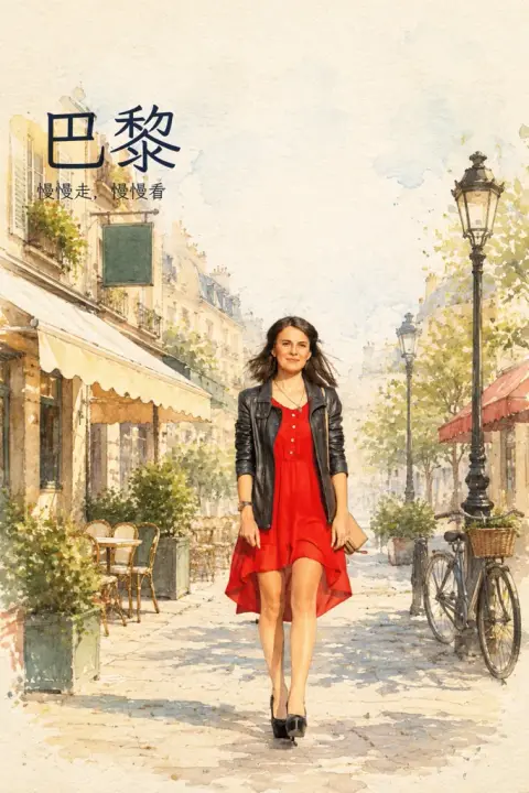 Watercolor city poster example 2: the result (Watercolor · City street · 巴黎 / 慢慢走,慢慢看)